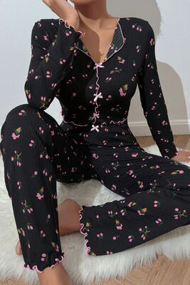 Merry See - Merry See Baskılı Özel Kumaş Pijama Takımı Siyah