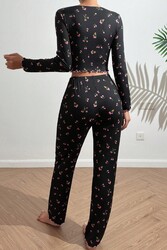 Merry See Baskılı Özel Kumaş Pijama Takımı Siyah - Thumbnail