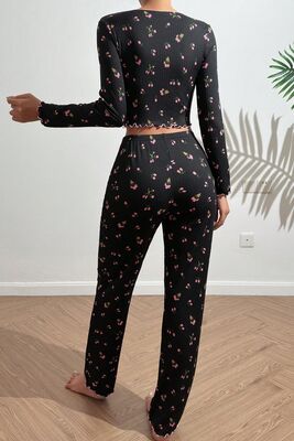 Merry See - Merry See Baskılı Özel Kumaş Pijama Takımı Siyah (1)