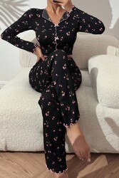 Merry See Baskılı Özel Kumaş Pijama Takımı Siyah - Thumbnail