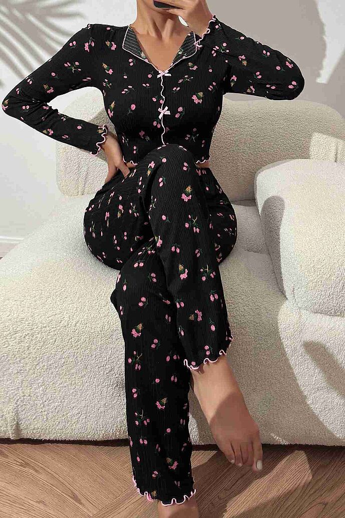 Merry See Baskılı Özel Kumaş Pijama Takımı Siyah - 3