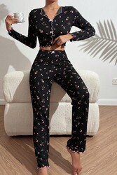 Merry See Baskılı Özel Kumaş Pijama Takımı Siyah - Thumbnail