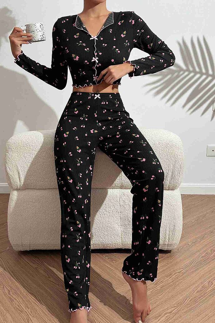 Merry See Baskılı Özel Kumaş Pijama Takımı Siyah - 4