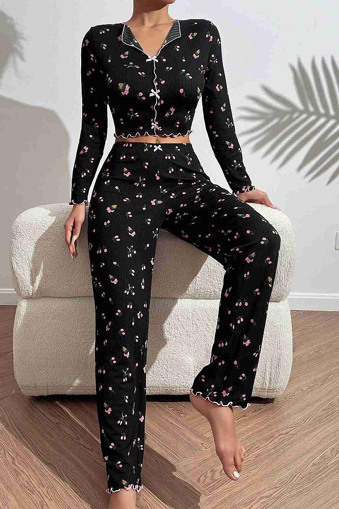 Merry See Baskılı Özel Kumaş Pijama Takımı Siyah - 5
