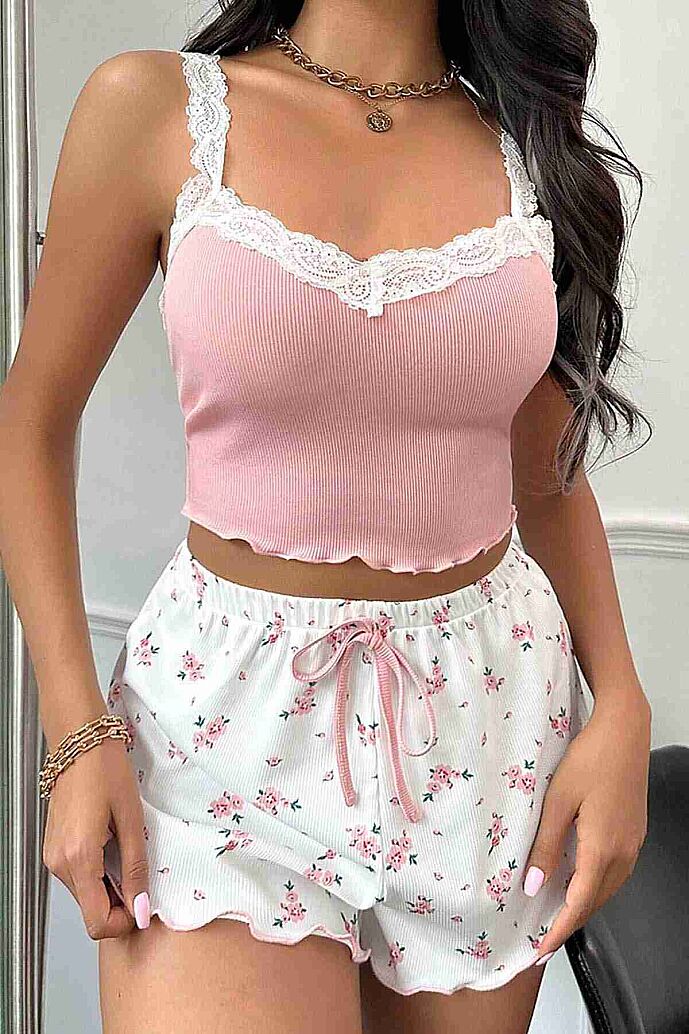 Merry See Çiçek Desenli Dantel Askılı Şortlu Pijama Takımı Çok Renkli - 4
