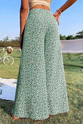 Merry See - Merry See Çiçek Desenli İspanyol Paça Yüksek Bel Dokuma Pantolon Yeşil (1)