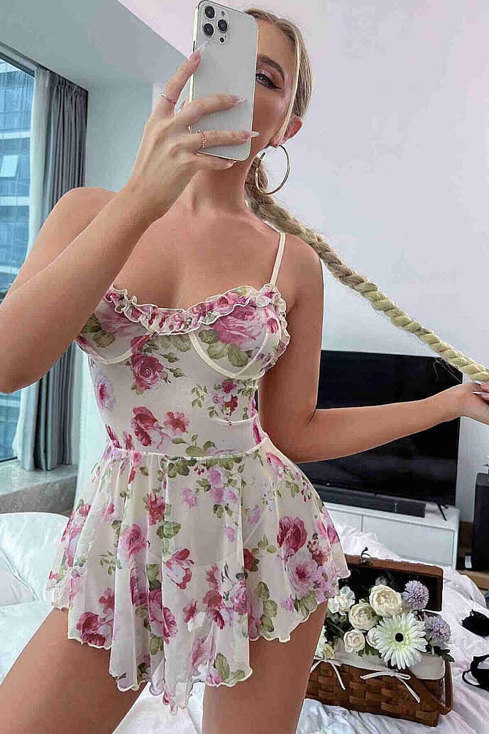 Merry See Çicek Desenli Özel Tasarım Gecelik Babydoll Çok Renkli - 4