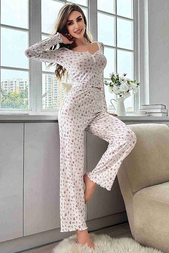 Merry See Çiçek Desenli Uzun Kollu Pijama Takımı Beyaz - 3
