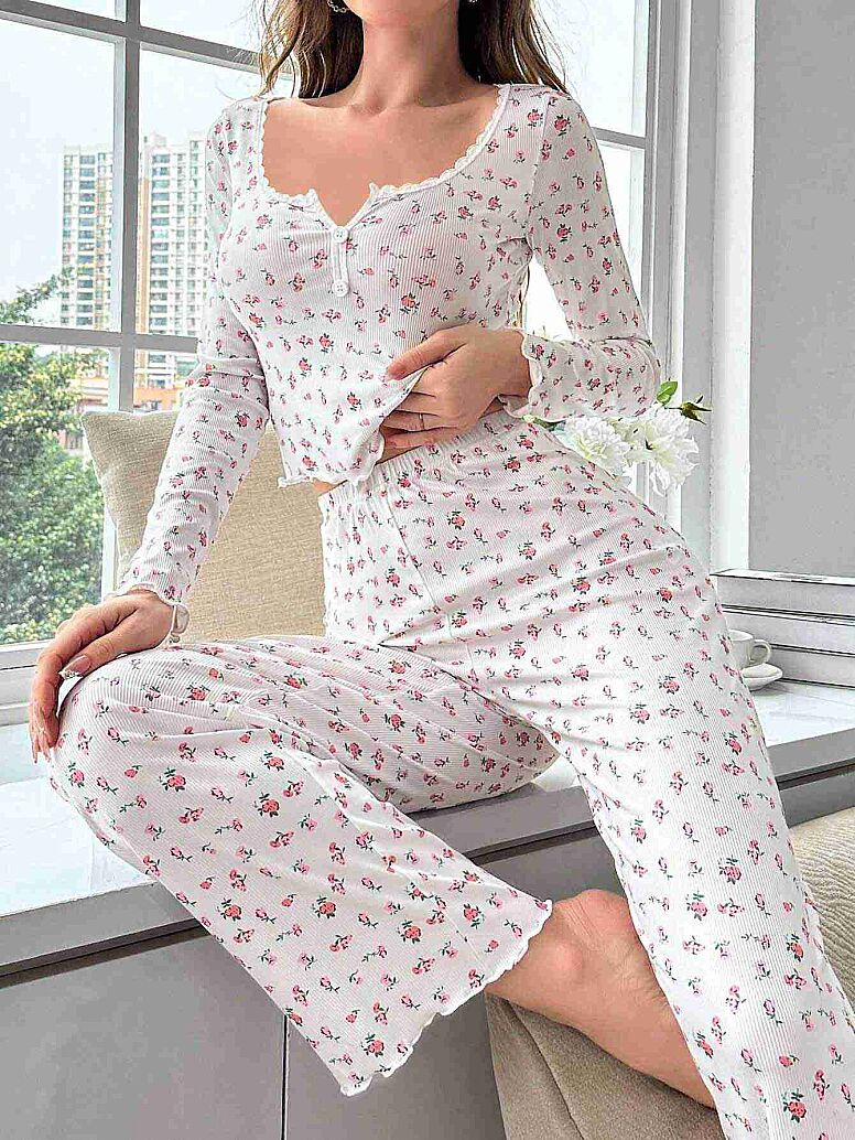 Merry See Çiçek Desenli Uzun Kollu Pijama Takımı Beyaz - 4