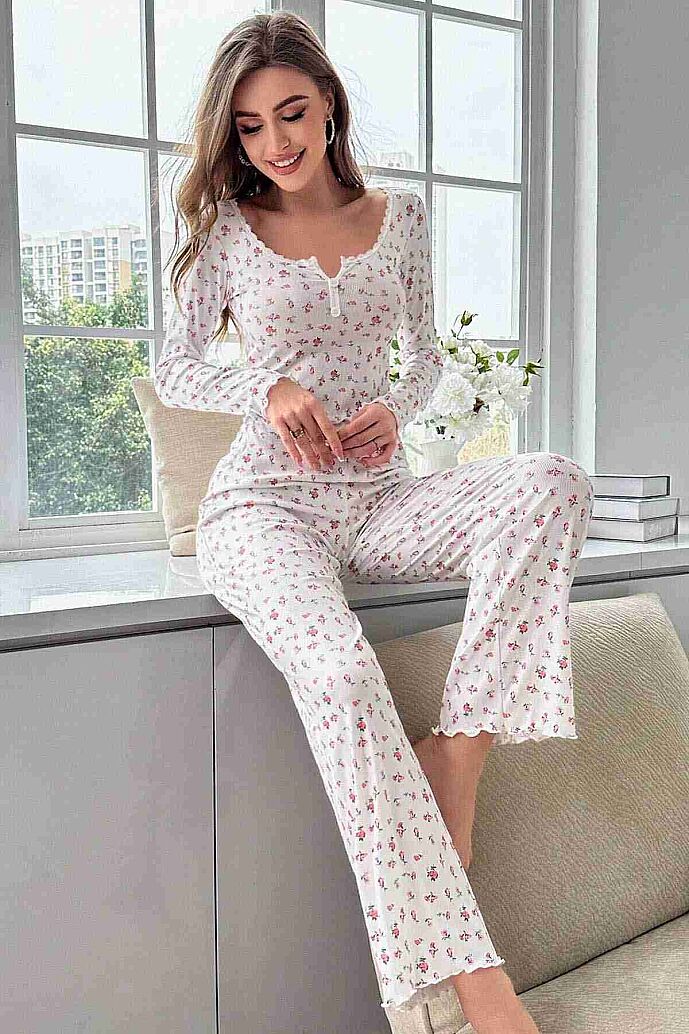 Merry See Çiçek Desenli Uzun Kollu Pijama Takımı Beyaz - 5