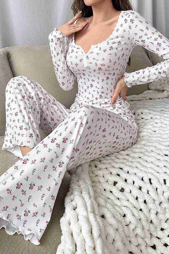Merry See Çiçek Desenli Uzun Kollu Pijama Takımı Beyaz - 6