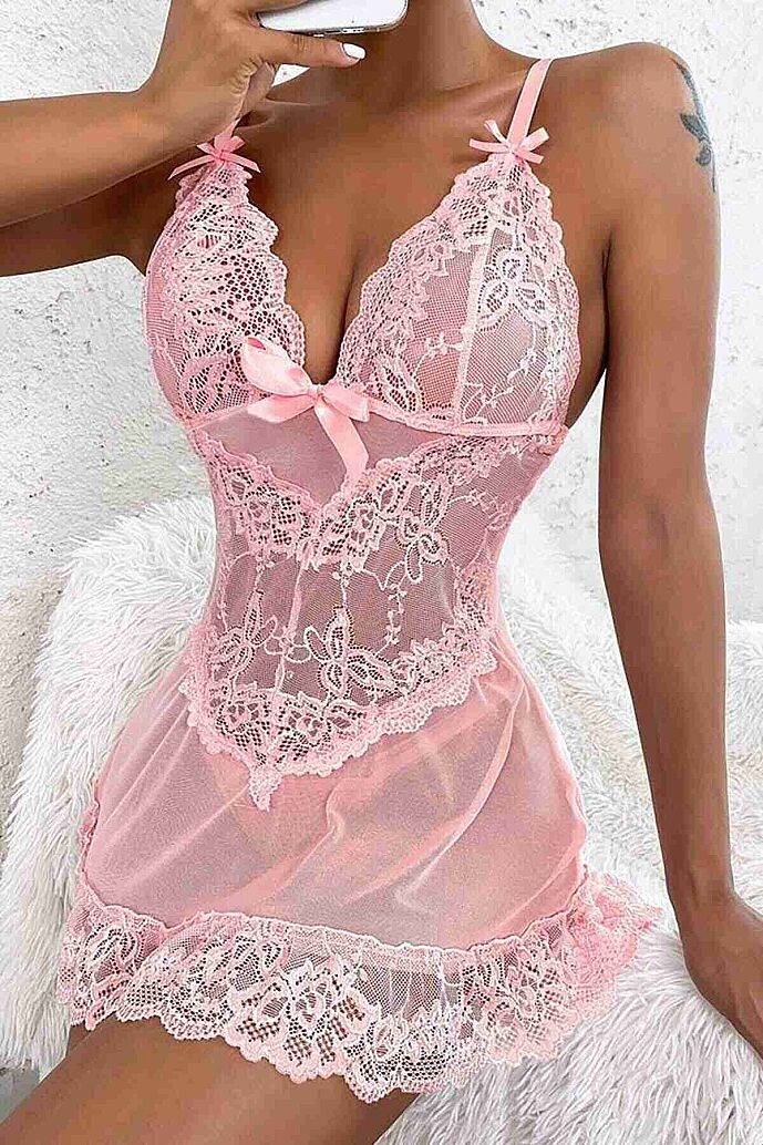 Merry See Dantel Gecelik Babydoll İç giyim Pembe - 6