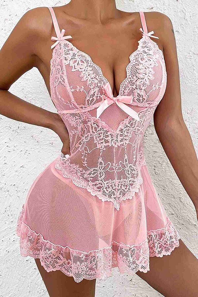 Merry See Dantel Gecelik Babydoll İç giyim Pembe - 8