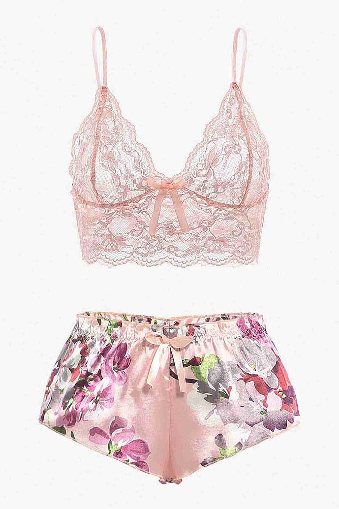 Merry See Dantel Büstiyerli Çiçekli Sütyen Şort Pijama Takımı Çok Renkli - 6
