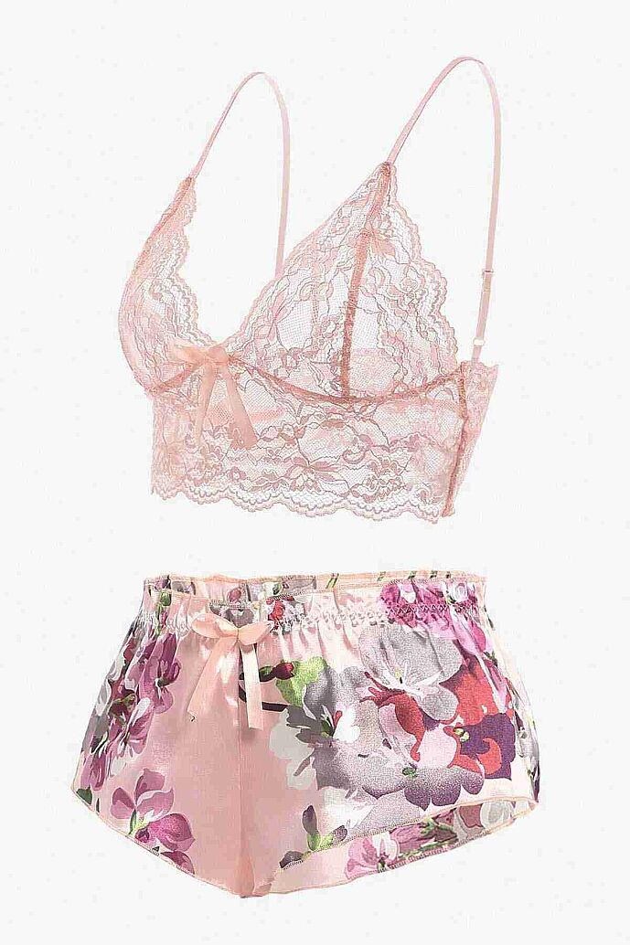 Merry See Dantel Büstiyerli Çiçekli Sütyen Şort Pijama Takımı Çok Renkli - 8