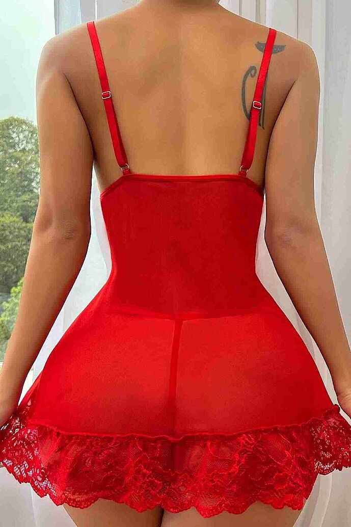 Merry See Dantel Gecelik Babydoll İç giyim Kırmızı - 4
