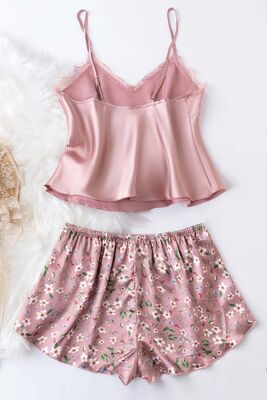 Merry See - Merry See Dantel İşlemeli Çiçek Desenli Şort Pijama Takımı Pembe (1)