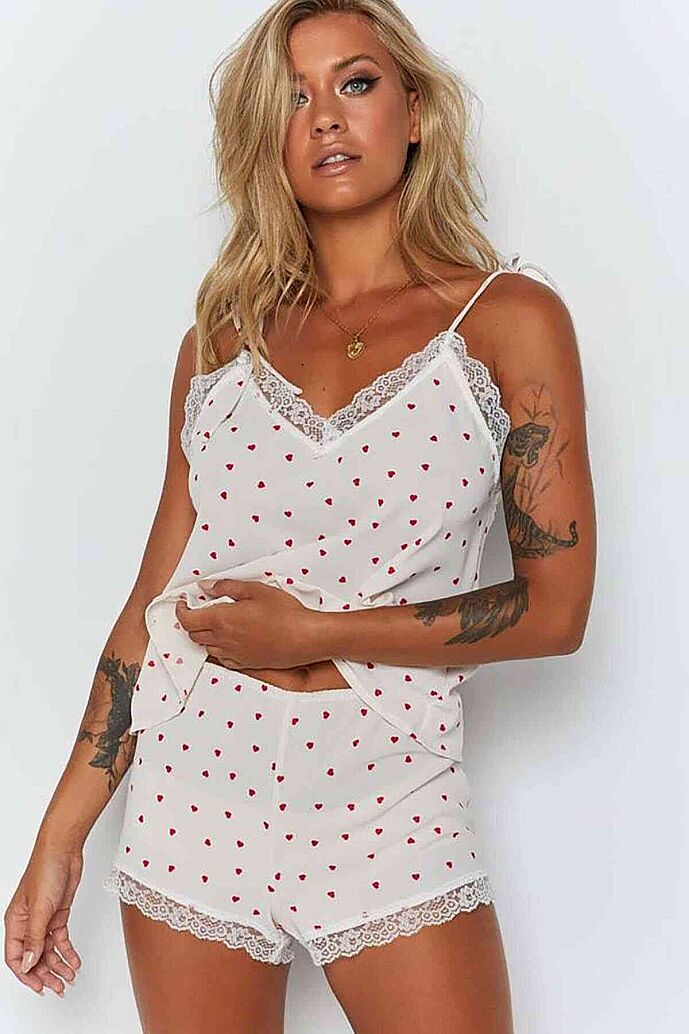 Merry See Dantel İşlemeli Kalpli Şortlu Pijama Takım Beyaz - 4