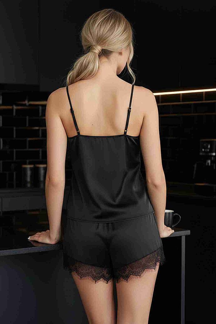 Merry See Dantel İşlemeli saten Şortlu Pijama Takım Siyah - 3
