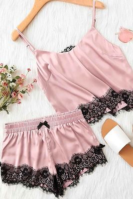 Merry See - Merry See Dantel İşlemeli Saten Sortlu Gecelik Pijama Takım Pembe