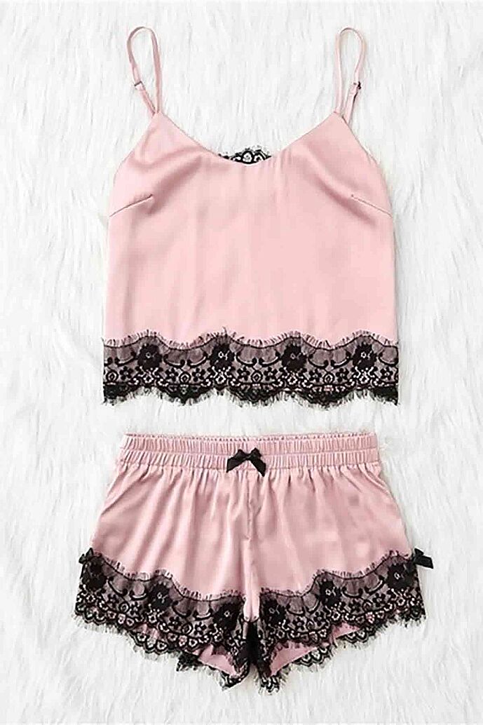 Merry See Dantel İşlemeli Saten Sortlu Gecelik Pijama Takım Pembe - 4