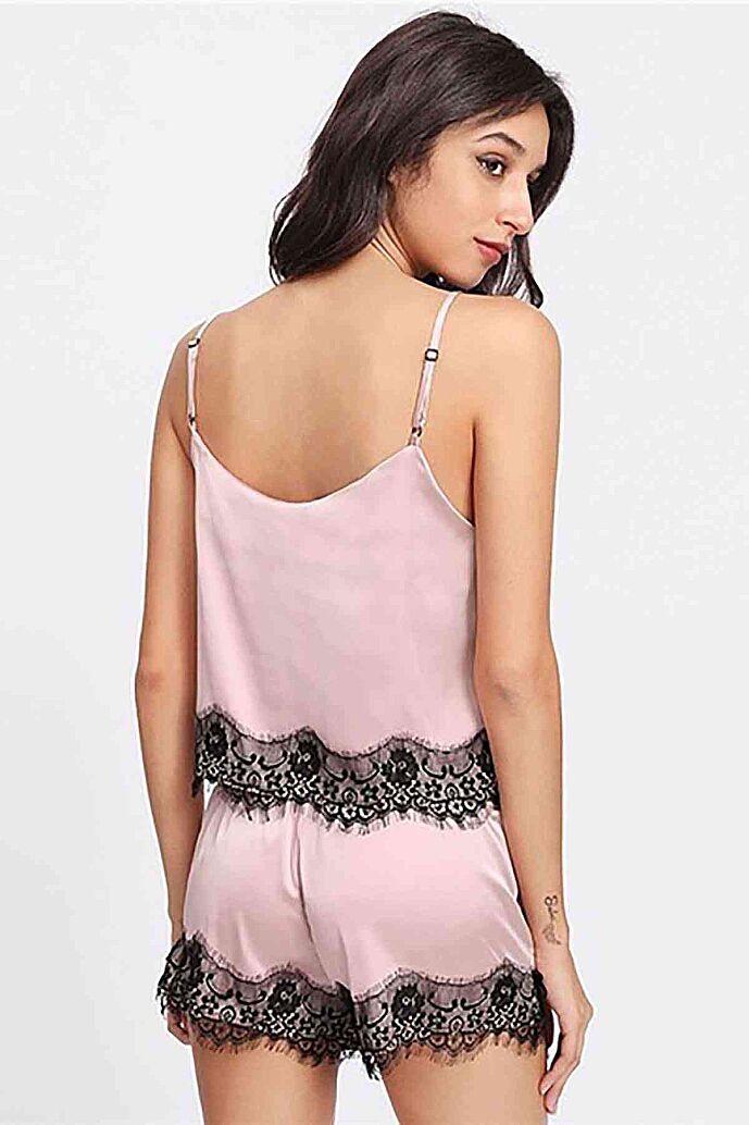 Merry See Dantel İşlemeli Saten Sortlu Gecelik Pijama Takım Pembe - 5