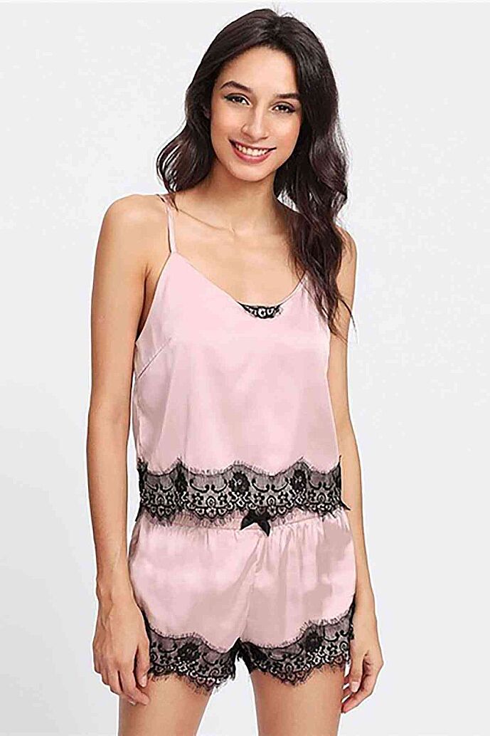 Merry See Dantel İşlemeli Saten Sortlu Gecelik Pijama Takım Pembe - 6