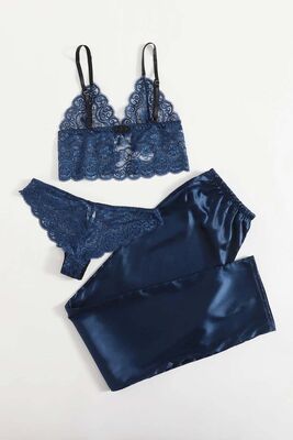 Merry See - Merry See Dantel Sütyen Külot Saten Pijama Alt 3 lü Takım Lacivert (1)