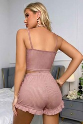 Merry See Dantelli Askılı Crop Üst ve Fırfır Paça Mini Şortlu Pijama Takım Pembe - 2