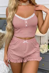 Merry See Dantelli Askılı Crop Üst ve Fırfır Paça Mini Şortlu Pijama Takım Pembe - 4