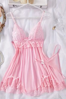 Merry See - Merry See Dantelli Askılı Yumuşacık Tanga ve Gecelik Takım Pembe