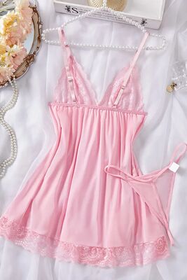 Merry See - Merry See Dantelli Askılı Yumuşacık Tanga ve Gecelik Takım Pembe (1)