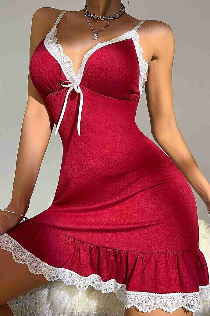 Merry See Dantelli İşleme Etek Büzgülü Penye Gecelik Kırmızı - 4
