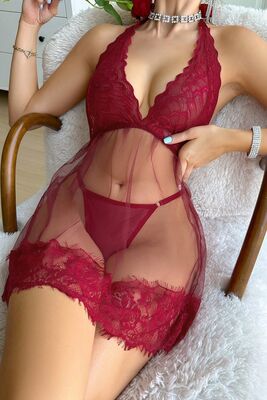 Merry See - Merry See Dantelli Transparan Tangalı Gecelik Takım Kırmızı