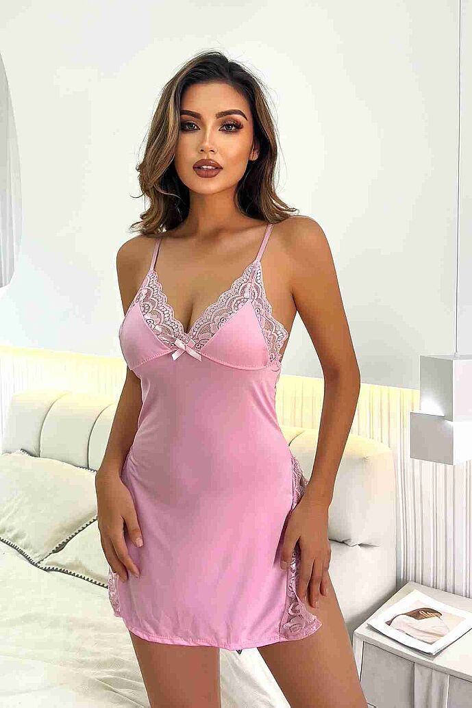 Merry See Dantelli Yanlardan Derin Yırtmaçlı Gecelik Pembe - 3