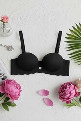 Merry See Dikişsiz Balensiz Hafif Destekli Kalp Detay Lazer Kesim İzbırakmaz Görünmez Sütyen Siyah - Thumbnail