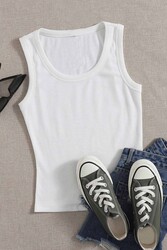 Merry See Düz Renk Kadın Kolsuz Bluz Crop Top Beyaz - Thumbnail