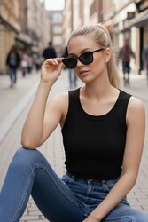 Merry See Düz Renk Kadın Kolsuz Bluz Crop Top Siyah - Thumbnail