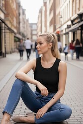 Merry See Düz Renk Kadın Kolsuz Bluz Crop Top Siyah - Thumbnail