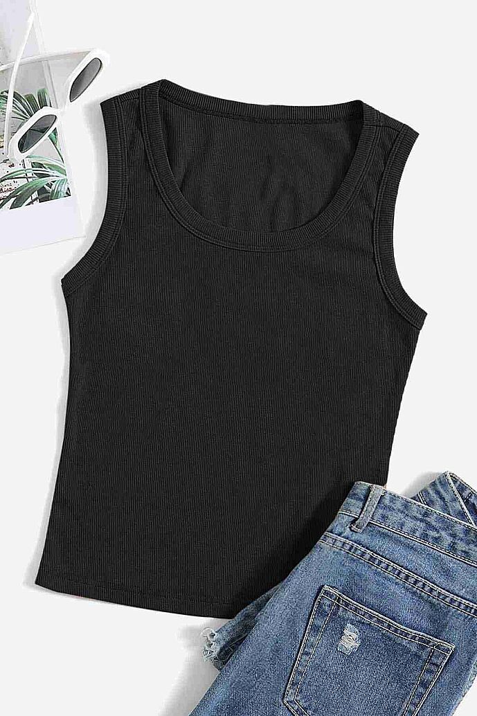 Merry See Düz Renk Kadın Kolsuz Bluz Crop Top Siyah - 5