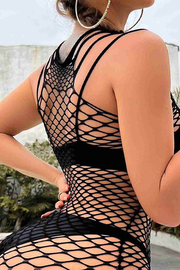 Merry See Fantezi Halter Yaka File Elbise Vücut Çorabı Siyah - 3