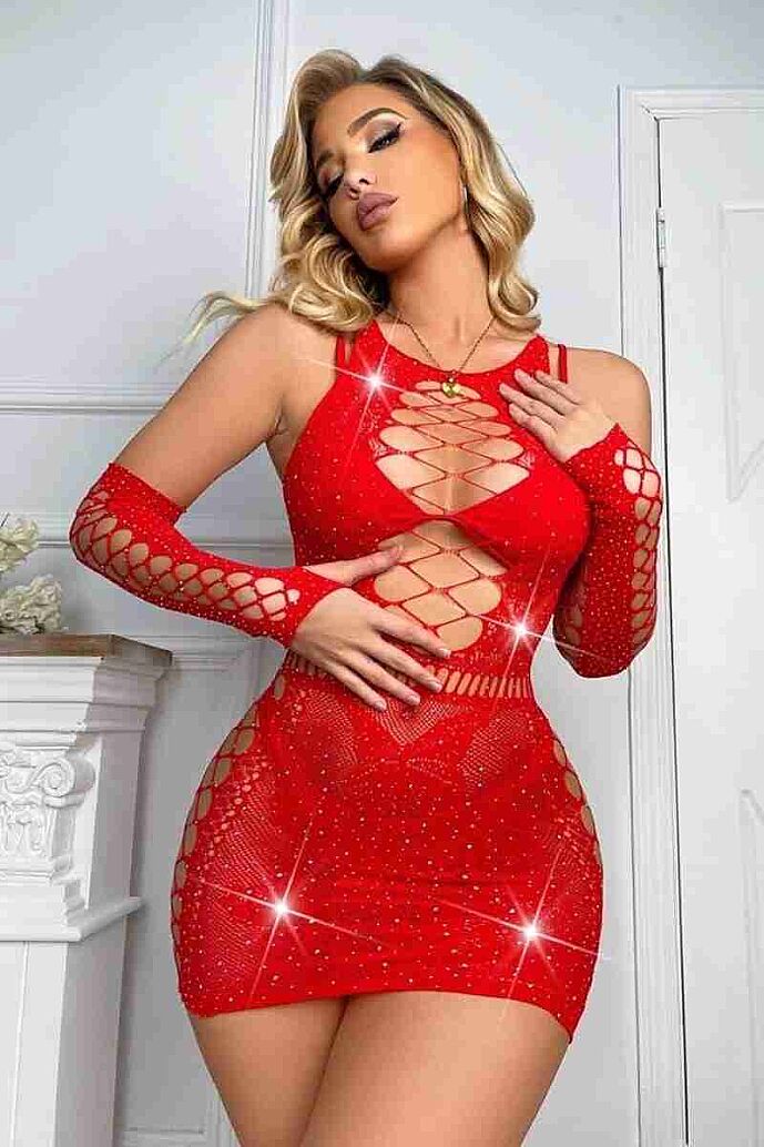 Merry See Fantezi Taşlı Vücut Çorabı  Elbise Kırmızı - 3