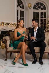 Merry See Gögüs Degajeli Saten Elbise Yeşil - Thumbnail