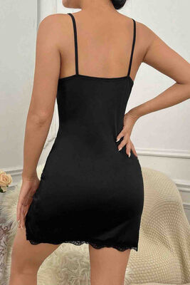 Merry See - Merry See İki Taraf Yırtmaçlı Askılı Şık Gecelik Siyah (1)