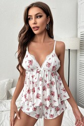 Merry See İnce Askılı Çiçekli Dantel Detay Şortlu Pijama Takım Gecelik Beyaz - 5