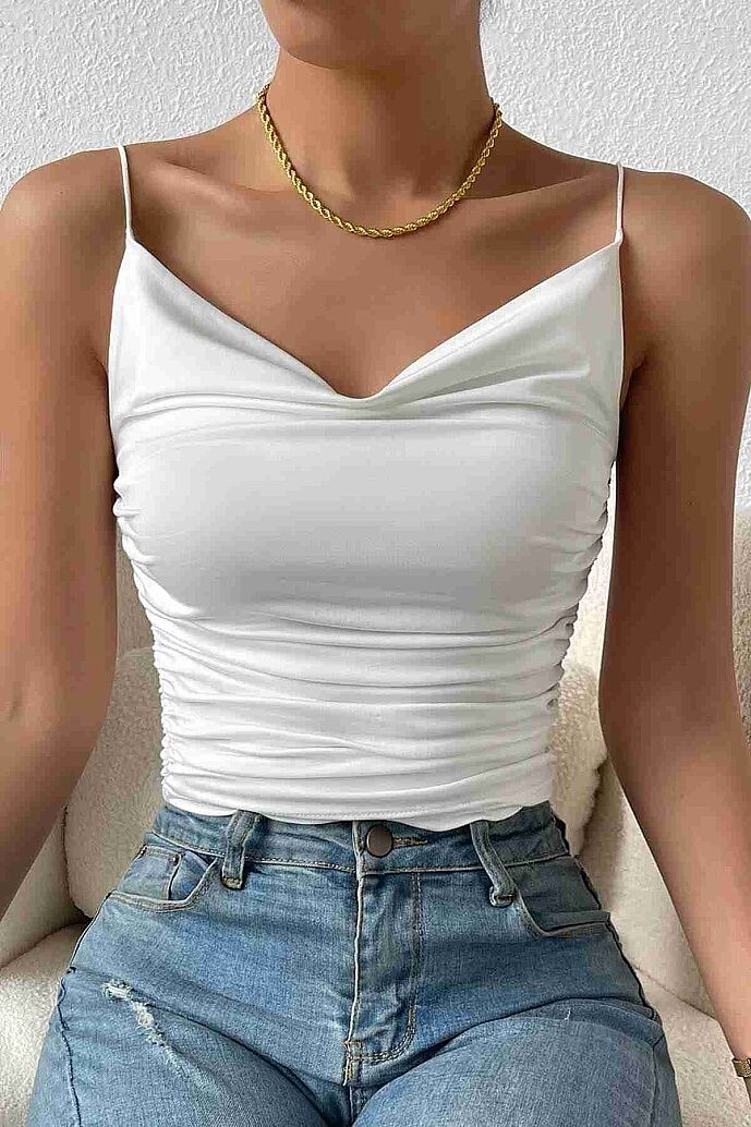Merry See Kadın Kolsuz Askılı Degaje Yaka Bluz Crop Beyaz - 3