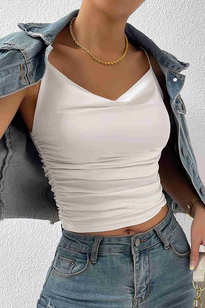 Merry See Kadın Kolsuz Askılı Degaje Yaka Bluz Crop Beyaz - 6
