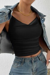 Merry See Kadın Kolsuz Askılı Degaje Yaka Bluz Crop Siyah - Thumbnail