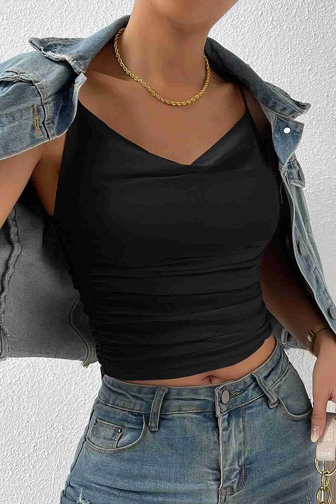 Merry See Kadın Kolsuz Askılı Degaje Yaka Bluz Crop Siyah - 6