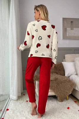 Merry See - Merry See Kalp Baskılı Peluş Polar Alt Üst Uzun Kollu Pijama Takımı Çok Renkli (1)